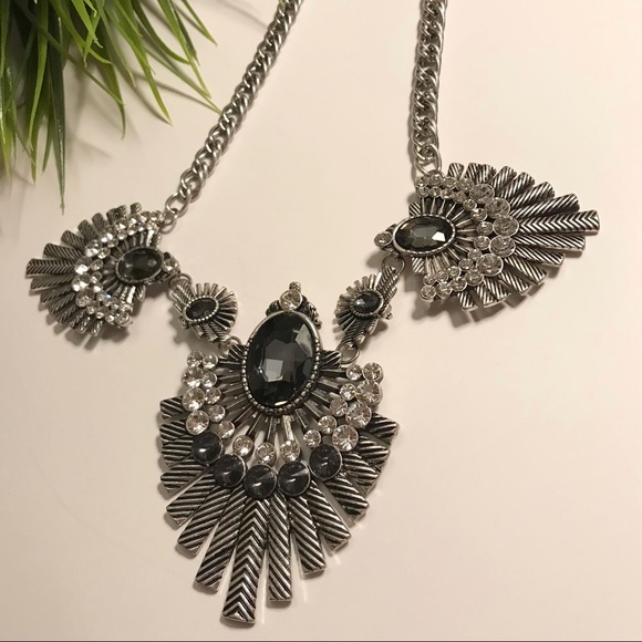 Rhinestone Silver Tone Statement Necklace - Picture 4 of 6